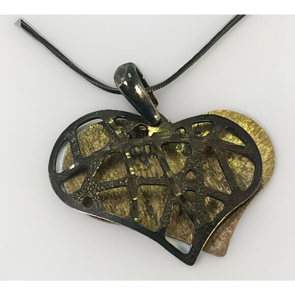 VTG Modernist Sterling Silver Filigree HEART PENDANT w/ Brass Accents NECKLACE - Picture 7 of 16
